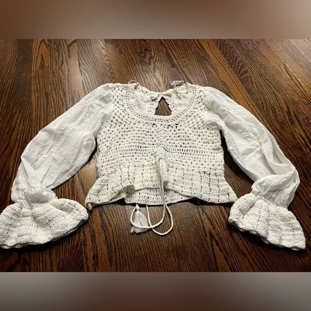 FREE PEOPLE Megan Crochet Ivory Top Boho Peasant Festival small